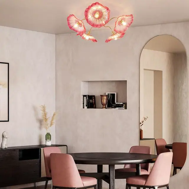 Alt view image 6 of 7 - Pink Flower Glass Ceiling Light Fixture Gold Brass Chandelier 5 Lamp | Mid Century Modern Chandelier 32.68 Flower Shape Brushed Gold Flush Mount Lights E26 Base Bedroom Living Room Dining Room