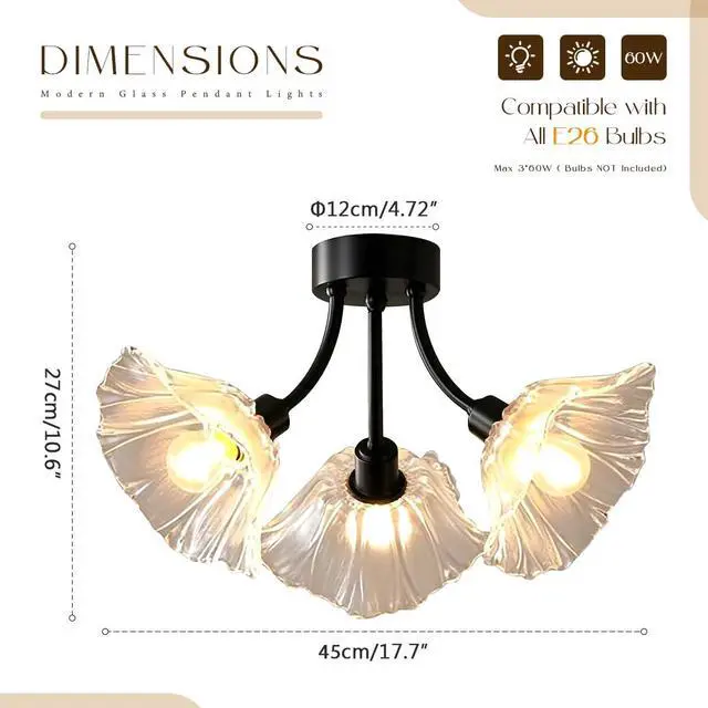 Alt view image 2 of 7 - Glass Chandelier Clear Flower Black Brass Flush Mount Ceiling Light | Sputnik 3-Lights Close to Ceiling Light Fixtures,Mid century Vintage Chandelier,E26, Living Room,Dining Room,Farmhouse,Foyer