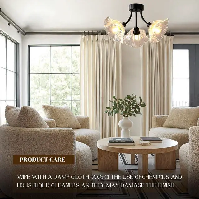 Alt view image 3 of 7 - Glass Chandelier Clear Flower Black Brass Flush Mount Ceiling Light | Sputnik 3-Lights Close to Ceiling Light Fixtures,Mid century Vintage Chandelier,E26, Living Room,Dining Room,Farmhouse,Foyer