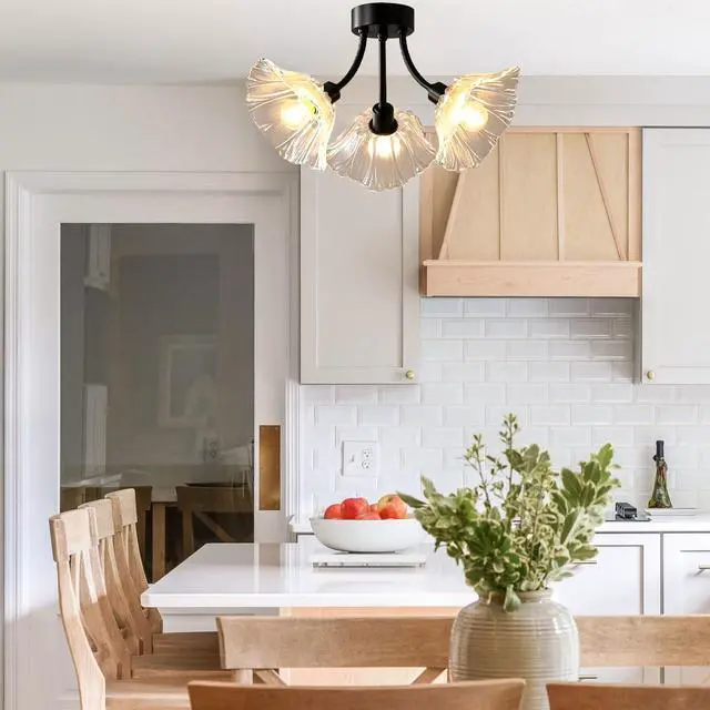 Alt view image 4 of 7 - Glass Chandelier Clear Flower Black Brass Flush Mount Ceiling Light | Sputnik 3-Lights Close to Ceiling Light Fixtures,Mid century Vintage Chandelier,E26, Living Room,Dining Room,Farmhouse,Foyer