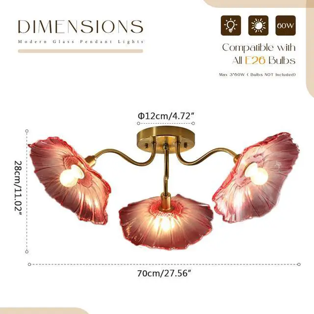 Alt view image 2 of 7 - Pink Flower Chandelier 3-Lights Mid Century Modern Ceiling Light Glass Close to Ceiling Light Fixtures Sputnik Flush Mount Chandeliers Gold Brass Chandelier for Dining Living Room