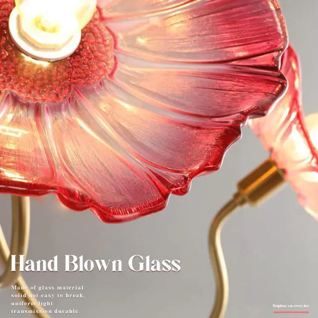 Alt view image 3 of 7 - Pink Flower Chandelier 3-Lights Mid Century Modern Ceiling Light Glass Close to Ceiling Light Fixtures Sputnik Flush Mount Chandeliers Gold Brass Chandelier for Dining Living Room