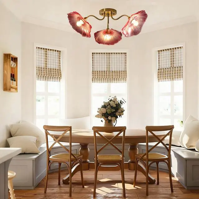 Alt view image 4 of 7 - Pink Flower Chandelier 3-Lights Mid Century Modern Ceiling Light Glass Close to Ceiling Light Fixtures Sputnik Flush Mount Chandeliers Gold Brass Chandelier for Dining Living Room