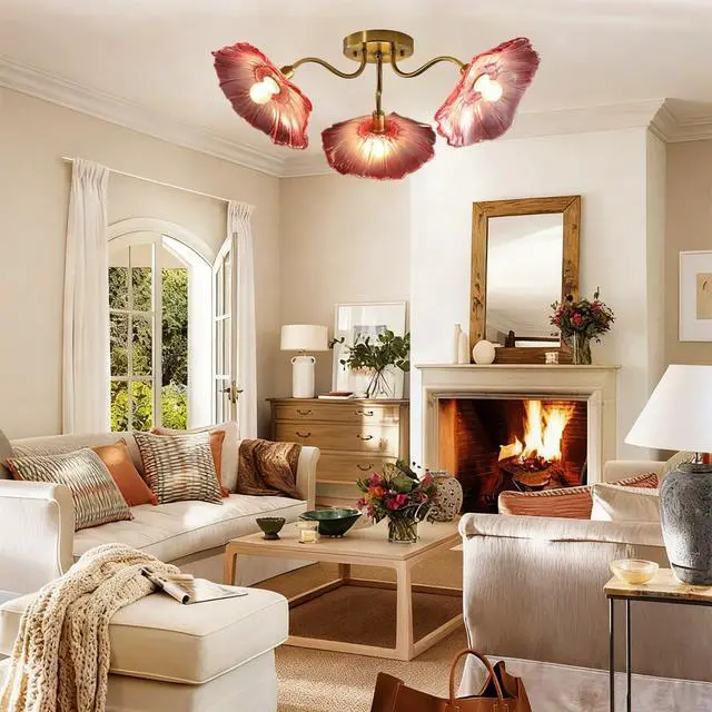 Alt view image 6 of 7 - Pink Flower Chandelier 3-Lights Mid Century Modern Ceiling Light Glass Close to Ceiling Light Fixtures Sputnik Flush Mount Chandeliers Gold Brass Chandelier for Dining Living Room