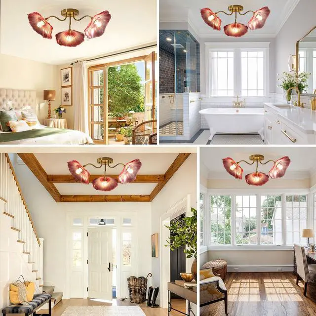Alt view image 7 of 7 - Pink Flower Chandelier 3-Lights Mid Century Modern Ceiling Light Glass Close to Ceiling Light Fixtures Sputnik Flush Mount Chandeliers Gold Brass Chandelier for Dining Living Room