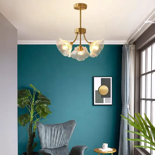 Alt view image 2 of 7 - Semi Flush Mount Ceiling Lights Mid Century Modern Ceiling Light Fixture 3-Light Gold Brass Chandelier Lighting with Clear Glass Flower Shape for Bedroom Living Dining Room Hallway