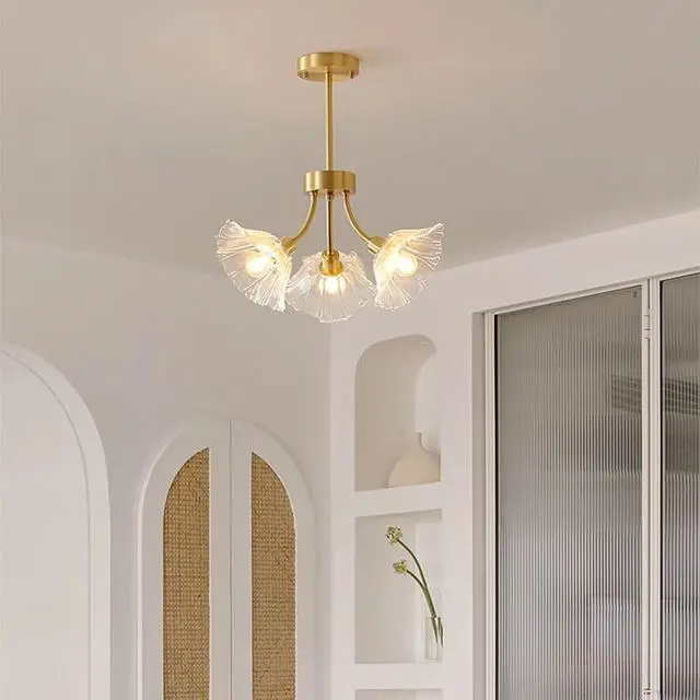 Alt view image 4 of 7 - Semi Flush Mount Ceiling Lights Mid Century Modern Ceiling Light Fixture 3-Light Gold Brass Chandelier Lighting with Clear Glass Flower Shape for Bedroom Living Dining Room Hallway