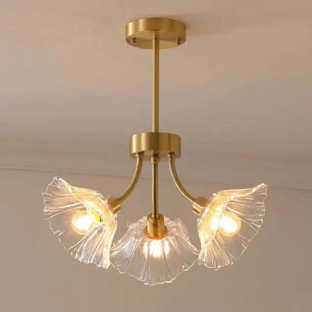 Main image of Semi Flush Mount Ceiling Lights Mid Century Modern Ceiling Light Fixture 3-Light Gold Brass Chandelier Lighting with Clear Glass Flower Shape for Bedroom Living Dining Room Hallway