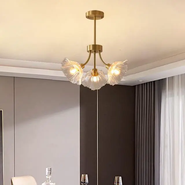 Alt view image 5 of 7 - Semi Flush Mount Ceiling Lights Mid Century Modern Ceiling Light Fixture 3-Light Gold Brass Chandelier Lighting with Clear Glass Flower Shape for Bedroom Living Dining Room Hallway