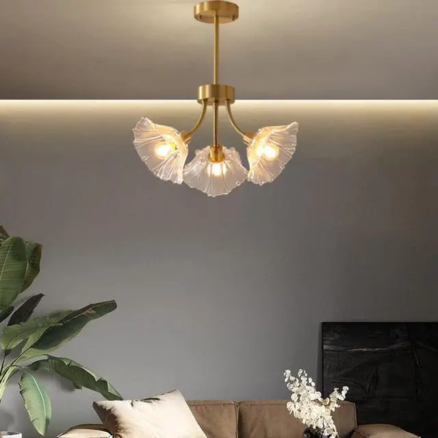 Alt view image 3 of 7 - Semi Flush Mount Ceiling Lights Mid Century Modern Ceiling Light Fixture 3-Light Gold Brass Chandelier Lighting with Clear Glass Flower Shape for Bedroom Living Dining Room Hallway