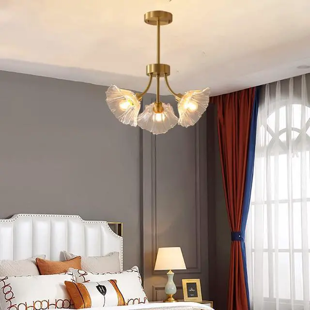 Alt view image 6 of 7 - Semi Flush Mount Ceiling Lights Mid Century Modern Ceiling Light Fixture 3-Light Gold Brass Chandelier Lighting with Clear Glass Flower Shape for Bedroom Living Dining Room Hallway