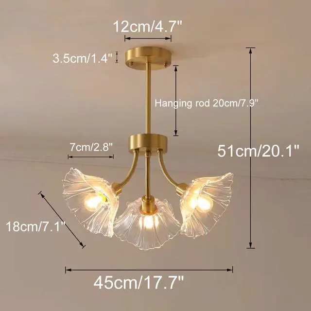 Alt view image 7 of 7 - Semi Flush Mount Ceiling Lights Mid Century Modern Ceiling Light Fixture 3-Light Gold Brass Chandelier Lighting with Clear Glass Flower Shape for Bedroom Living Dining Room Hallway