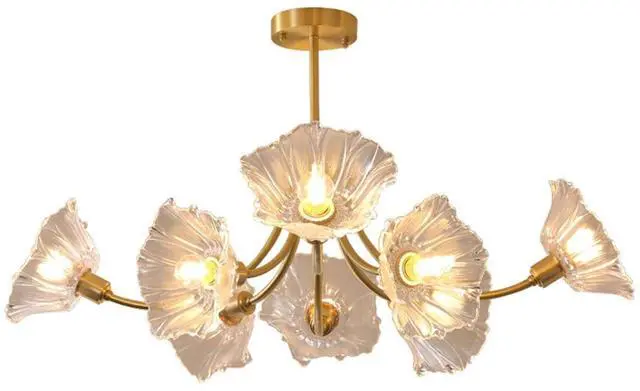 Main image of Gold Brass Ceiling Lights Fixture Semi Flush Mount Chandelier 8-Lights with Clear Glass Flower Shape Gold Mid Century Modern Ceiling Lighting for Bedroom Living Room Dining Room