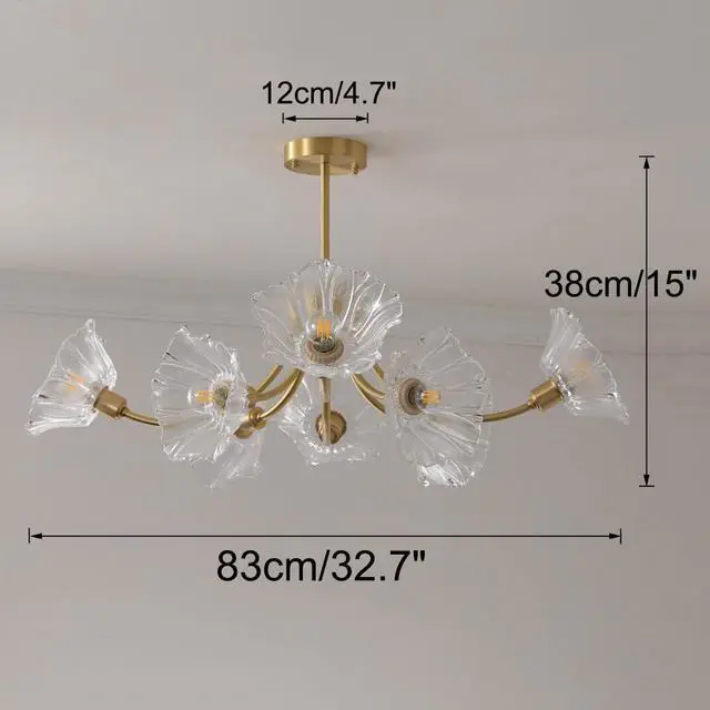Alt view image 2 of 7 - Gold Brass Ceiling Lights Fixture Semi Flush Mount Chandelier 8-Lights with Clear Glass Flower Shape Gold Mid Century Modern Ceiling Lighting for Bedroom Living Room Dining Room