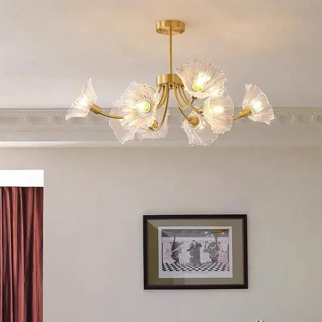 Alt view image 3 of 7 - Gold Brass Ceiling Lights Fixture Semi Flush Mount Chandelier 8-Lights with Clear Glass Flower Shape Gold Mid Century Modern Ceiling Lighting for Bedroom Living Room Dining Room