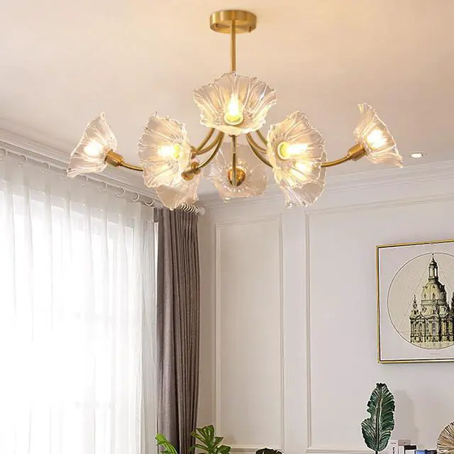 Alt view image 4 of 7 - Gold Brass Ceiling Lights Fixture Semi Flush Mount Chandelier 8-Lights with Clear Glass Flower Shape Gold Mid Century Modern Ceiling Lighting for Bedroom Living Room Dining Room