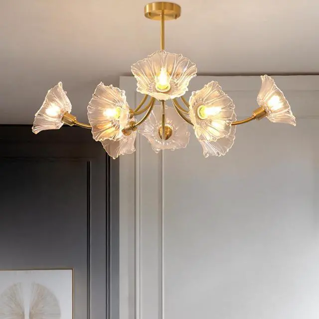 Alt view image 5 of 7 - Gold Brass Ceiling Lights Fixture Semi Flush Mount Chandelier 8-Lights with Clear Glass Flower Shape Gold Mid Century Modern Ceiling Lighting for Bedroom Living Room Dining Room