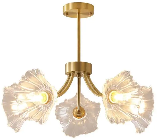 Main image of Semi-Flush Mount Ceiling Lights Fixtures Mid Century Modern Ceiling Lamp with Clear Glass Flower Shade Glass 5-Lights Chandelier Gold Brass Ceiling Lighting for Bedroom Dining Room