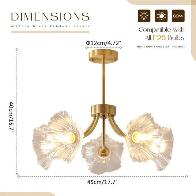 Alt view image 2 of 7 - Semi-Flush Mount Ceiling Lights Fixtures Mid Century Modern Ceiling Lamp with Clear Glass Flower Shade Glass 5-Lights Chandelier Gold Brass Ceiling Lighting for Bedroom Dining Room
