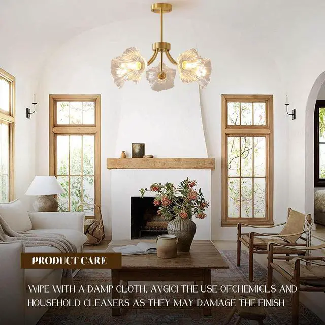 Alt view image 4 of 7 - Semi-Flush Mount Ceiling Lights Fixtures Mid Century Modern Ceiling Lamp with Clear Glass Flower Shade Glass 5-Lights Chandelier Gold Brass Ceiling Lighting for Bedroom Dining Room