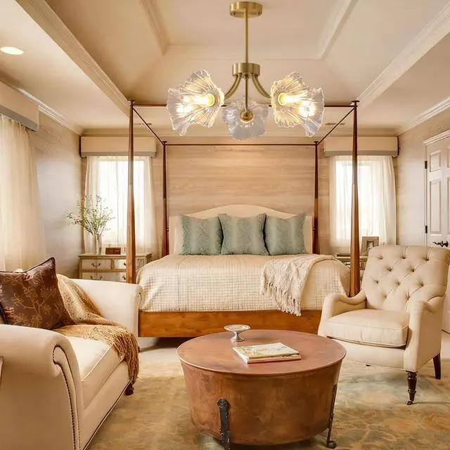 Alt view image 5 of 7 - Semi-Flush Mount Ceiling Lights Fixtures Mid Century Modern Ceiling Lamp with Clear Glass Flower Shade Glass 5-Lights Chandelier Gold Brass Ceiling Lighting for Bedroom Dining Room