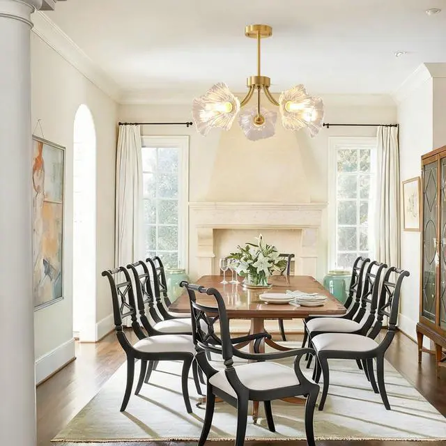 Alt view image 6 of 7 - Semi-Flush Mount Ceiling Lights Fixtures Mid Century Modern Ceiling Lamp with Clear Glass Flower Shade Glass 5-Lights Chandelier Gold Brass Ceiling Lighting for Bedroom Dining Room