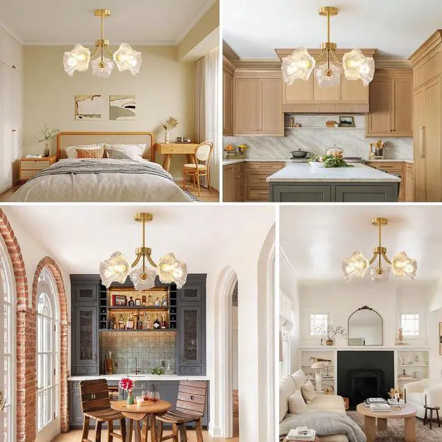 Alt view image 7 of 7 - Semi-Flush Mount Ceiling Lights Fixtures Mid Century Modern Ceiling Lamp with Clear Glass Flower Shade Glass 5-Lights Chandelier Gold Brass Ceiling Lighting for Bedroom Dining Room