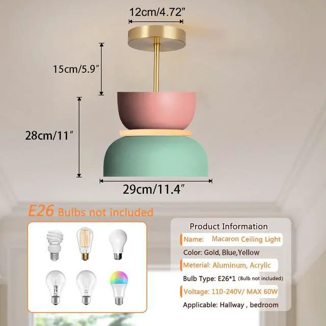 Alt view image 2 of 7 - Mid-Century Semi Mount Ceiling Lights Pink/Green Macaron Color Lampshade Modern Hallway Light Fixtures Hanging with Dome Barn Shade Close to Ceiling Light for Entryway Kids Bedroom