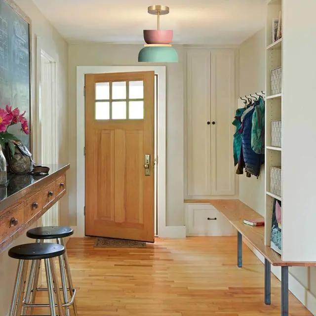 Alt view image 5 of 7 - Mid-Century Semi Mount Ceiling Lights Pink/Green Macaron Color Lampshade Modern Hallway Light Fixtures Hanging with Dome Barn Shade Close to Ceiling Light for Entryway Kids Bedroom