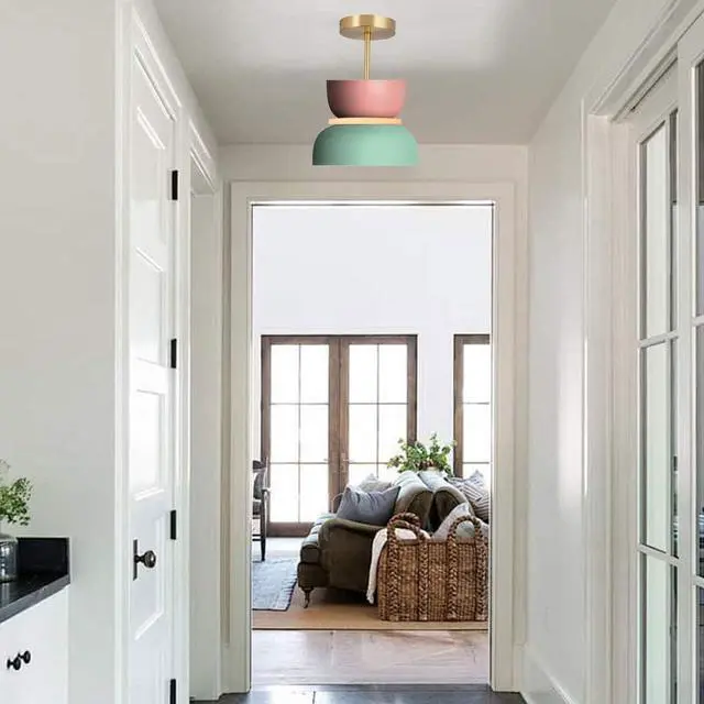 Alt view image 4 of 7 - Mid-Century Semi Mount Ceiling Lights Pink/Green Macaron Color Lampshade Modern Hallway Light Fixtures Hanging with Dome Barn Shade Close to Ceiling Light for Entryway Kids Bedroom