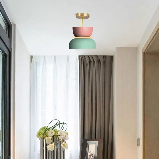 Alt view image 7 of 7 - Mid-Century Semi Mount Ceiling Lights Pink/Green Macaron Color Lampshade Modern Hallway Light Fixtures Hanging with Dome Barn Shade Close to Ceiling Light for Entryway Kids Bedroom