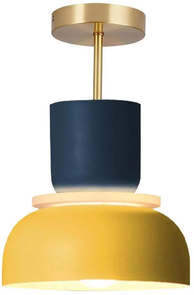 Main image of Nordic Ceiling Light Retro Modern Semi Mount Ceiling Lights MCM Gold Brass Chandelier with Blue Yellow Lamp Shade Colorful Macaron Close to Light Fixture for Children's Room Bedroom