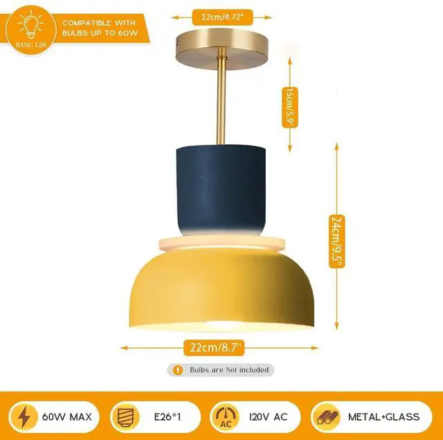 Alt view image 2 of 7 - Nordic Ceiling Light Retro Modern Semi Mount Ceiling Lights MCM Gold Brass Chandelier with Blue Yellow Lamp Shade Colorful Macaron Close to Light Fixture for Children's Room Bedroom