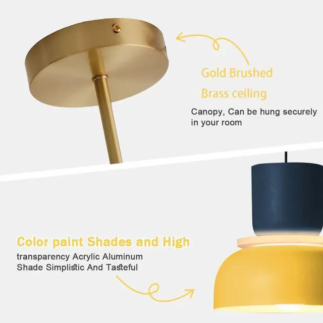 Alt view image 3 of 7 - Nordic Ceiling Light Retro Modern Semi Mount Ceiling Lights MCM Gold Brass Chandelier with Blue Yellow Lamp Shade Colorful Macaron Close to Light Fixture for Children's Room Bedroom