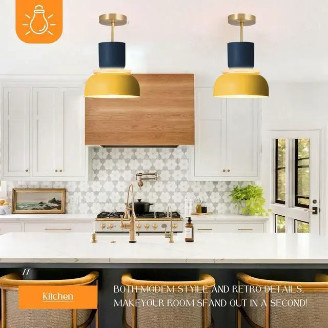 Alt view image 6 of 7 - Nordic Ceiling Light Retro Modern Semi Mount Ceiling Lights MCM Gold Brass Chandelier with Blue Yellow Lamp Shade Colorful Macaron Close to Light Fixture for Children's Room Bedroom