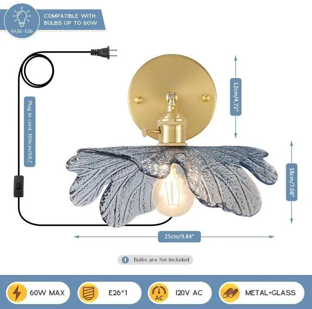 Alt view image 2 of 7 - Vintage Wall Sconce Plug in Blue Flower Glass Wall Light Plug in Cord Wall Lights with On/Off Switch Gold Brushed Brass Mid Century Modern Wall Light for Bedside Bedroom Doorway