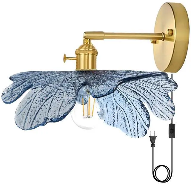 Main image of Vintage Wall Sconce Plug in Blue Flower Glass Wall Light Plug in Cord Wall Lights with On/Off Switch Gold Brushed Brass Mid Century Modern Wall Light for Bedside Bedroom Doorway