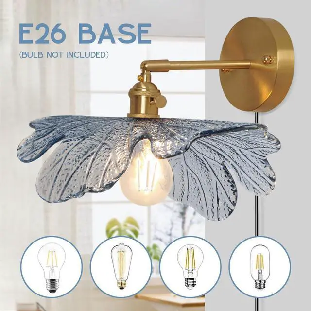 Alt view image 6 of 7 - Vintage Wall Sconce Plug in Blue Flower Glass Wall Light Plug in Cord Wall Lights with On/Off Switch Gold Brushed Brass Mid Century Modern Wall Light for Bedside Bedroom Doorway