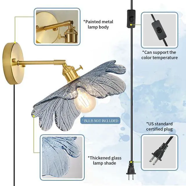 Alt view image 5 of 7 - Vintage Wall Sconce Plug in Blue Flower Glass Wall Light Plug in Cord Wall Lights with On/Off Switch Gold Brushed Brass Mid Century Modern Wall Light for Bedside Bedroom Doorway