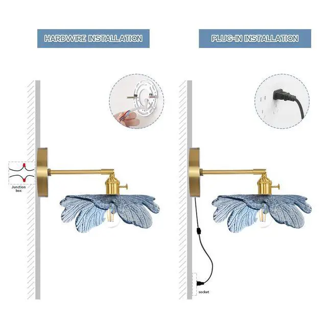 Alt view image 7 of 7 - Vintage Wall Sconce Plug in Blue Flower Glass Wall Light Plug in Cord Wall Lights with On/Off Switch Gold Brushed Brass Mid Century Modern Wall Light for Bedside Bedroom Doorway
