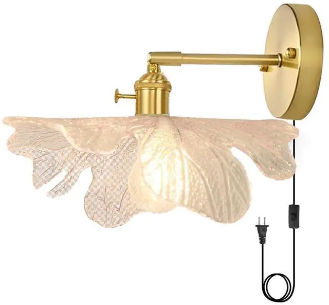 Main image of Vintage Plug in Wall Sconces Plug in Hardwired Wall Sconces - Luxury Flower Glass Shade Clear Glass Wall Light with Switch Brass Gold Sconce Lighting Plug in Cord for Bedside Bedroom