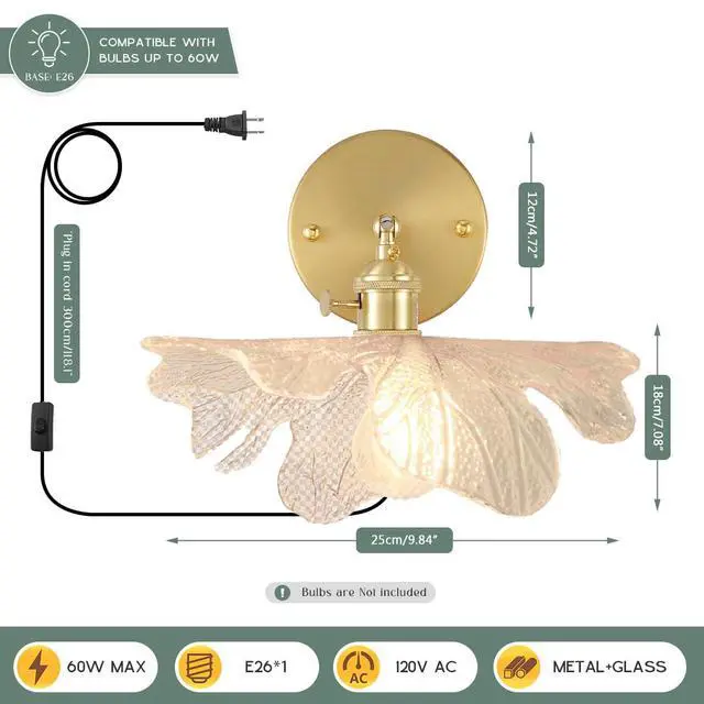 Alt view image 2 of 7 - Vintage Plug in Wall Sconces Plug in Hardwired Wall Sconces - Luxury Flower Glass Shade Clear Glass Wall Light with Switch Brass Gold Sconce Lighting Plug in Cord for Bedside Bedroom