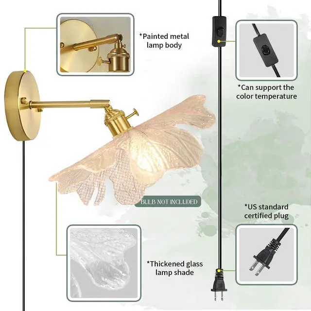 Alt view image 3 of 7 - Vintage Plug in Wall Sconces Plug in Hardwired Wall Sconces - Luxury Flower Glass Shade Clear Glass Wall Light with Switch Brass Gold Sconce Lighting Plug in Cord for Bedside Bedroom