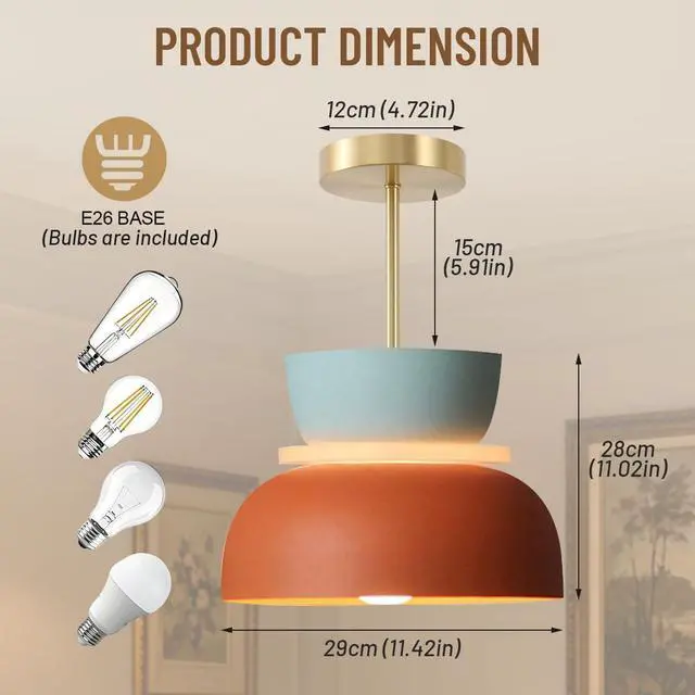 Alt view image 2 of 7 - Mid Century Modern Ceiling Light Gold Brass Semi Mount Ceiling Lights Orange Navy 2 Colors Barn Shade Aluminum Macaron Light Fixture Nordic Colorful Close to Lighting for Kids Bedroom (A)