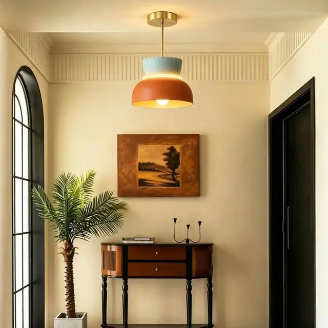 Alt view image 5 of 7 - Mid Century Modern Ceiling Light Gold Brass Semi Mount Ceiling Lights Orange Navy 2 Colors Barn Shade Aluminum Macaron Light Fixture Nordic Colorful Close to Lighting for Kids Bedroom (A)