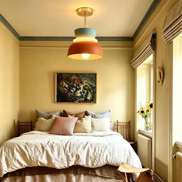 Alt view image 6 of 7 - Mid Century Modern Ceiling Light Gold Brass Semi Mount Ceiling Lights Orange Navy 2 Colors Barn Shade Aluminum Macaron Light Fixture Nordic Colorful Close to Lighting for Kids Bedroom (A)