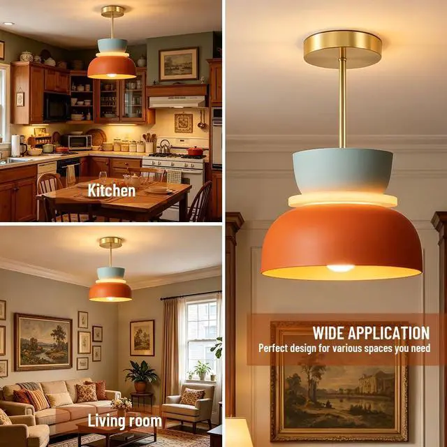 Alt view image 7 of 7 - Mid Century Modern Ceiling Light Gold Brass Semi Mount Ceiling Lights Orange Navy 2 Colors Barn Shade Aluminum Macaron Light Fixture Nordic Colorful Close to Lighting for Kids Bedroom (A)