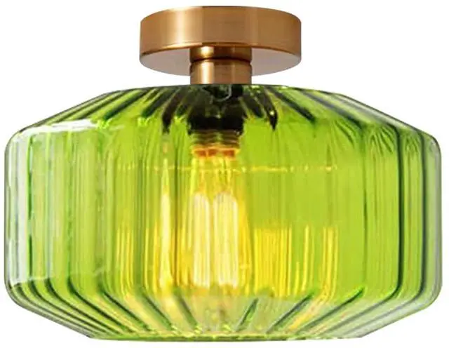 Main image of Flush Mount Ceiling Light 1-Light Globe Glass Ceiling Lamp with Green Stripe Glass Shade Mid Century Vintage Close to Ceiling Light Fixture for Hallway Bedroom Dining Room Stairway