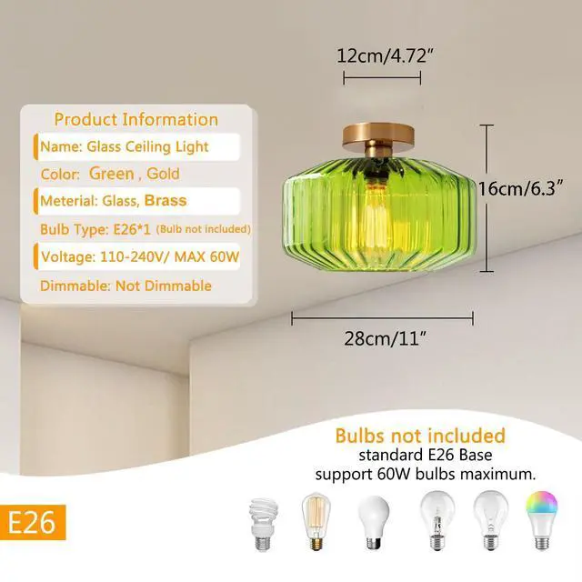 Alt view image 2 of 7 - Flush Mount Ceiling Light 1-Light Globe Glass Ceiling Lamp with Green Stripe Glass Shade Mid Century Vintage Close to Ceiling Light Fixture for Hallway Bedroom Dining Room Stairway
