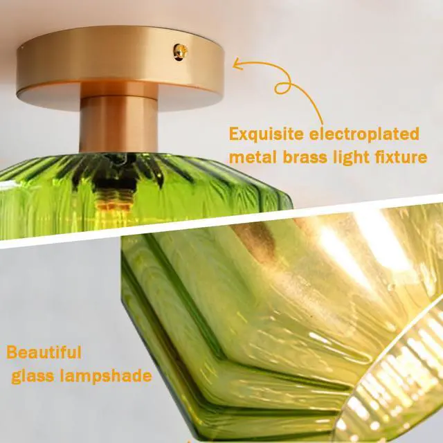 Alt view image 3 of 7 - Flush Mount Ceiling Light 1-Light Globe Glass Ceiling Lamp with Green Stripe Glass Shade Mid Century Vintage Close to Ceiling Light Fixture for Hallway Bedroom Dining Room Stairway